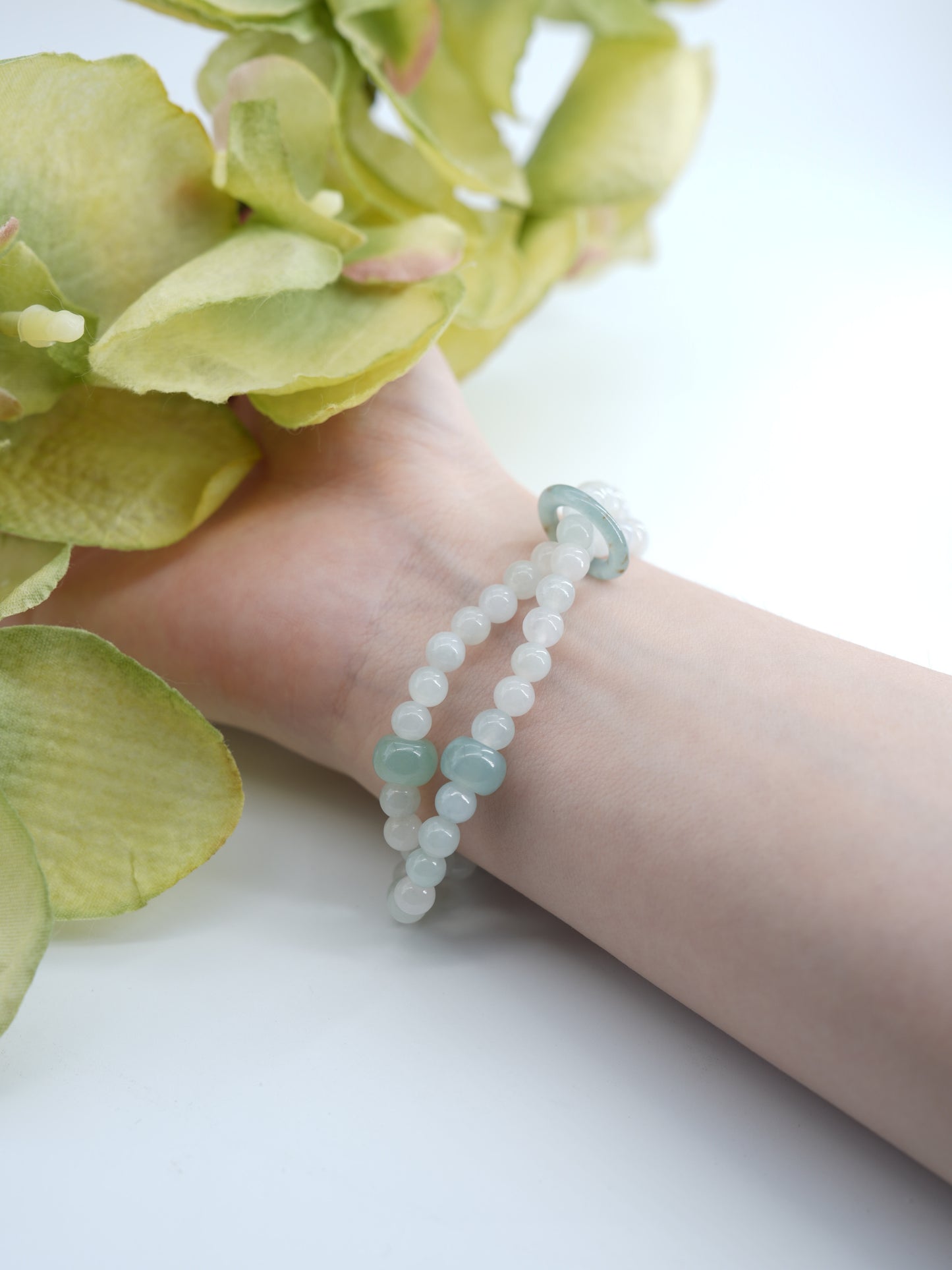 Icy Gelatinous White and Green Double String Jadeite Bracelet #J202509012